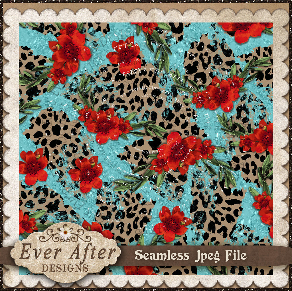 Red Cheetah Floral Teal Background