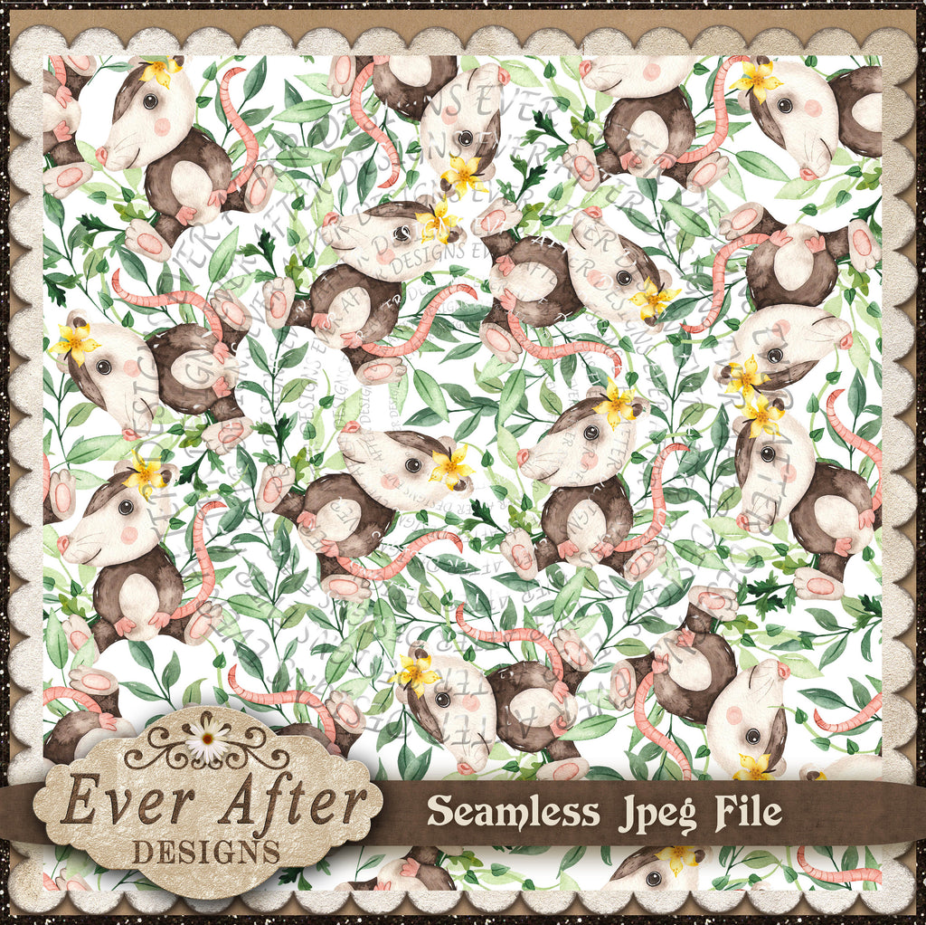 12x12 Seamless fabric pretty possum Safari animals digital download file green pink